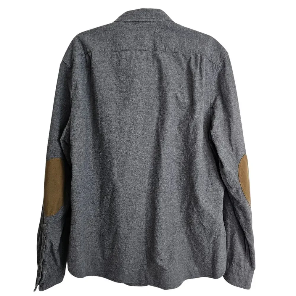 J. Crew Mens Gray Flannel Shirt XL Faux Suede Elbow Patches Minimalist Weekend